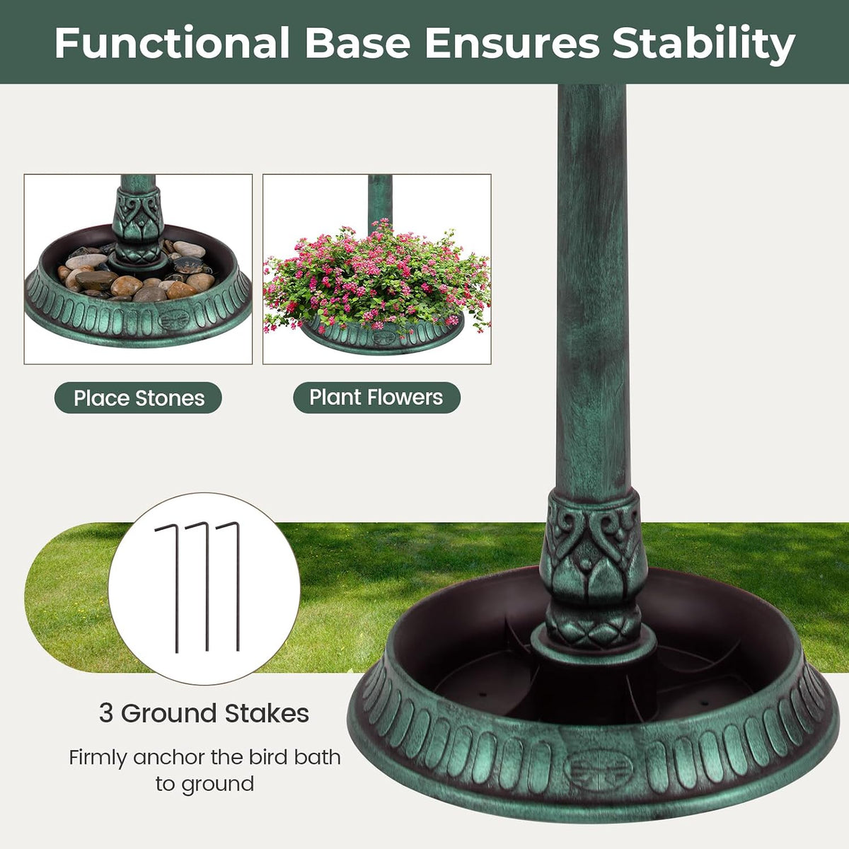 giantex 42 inch bird bath solar lighted, pedestal, side view