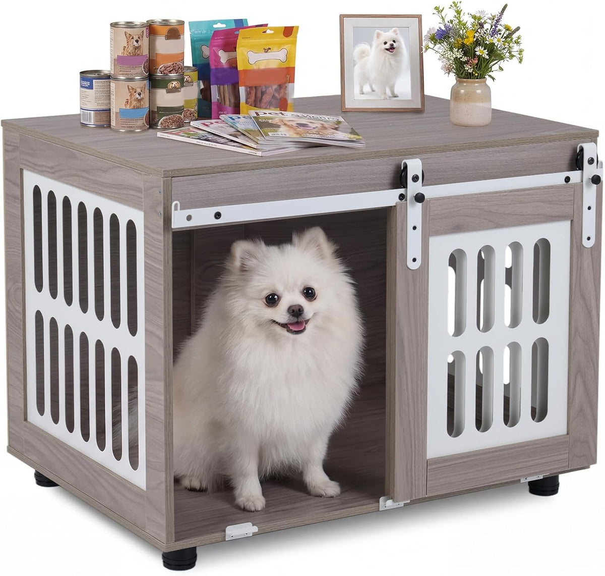 petsite farmhouse wooden dog crate furniture with sliding, view 9