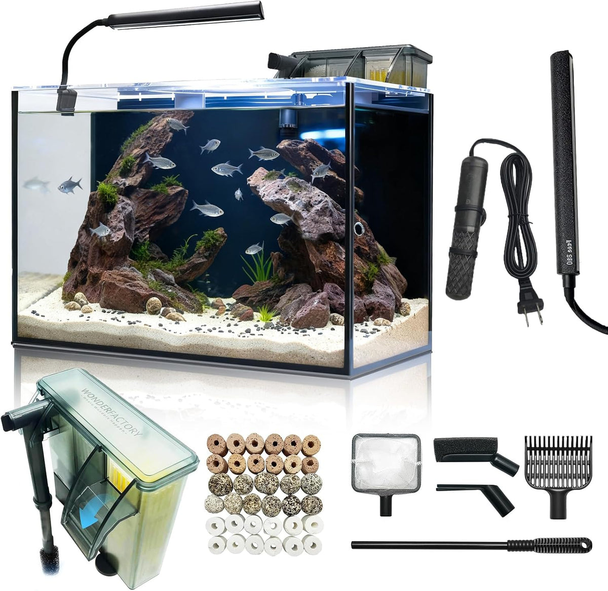 10 gallon aquarium set glass fish tank, heater, main product view