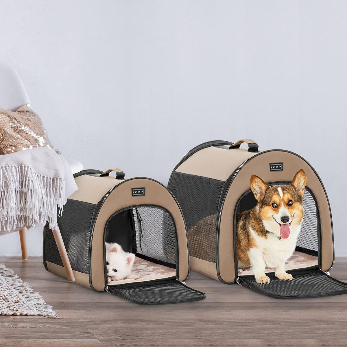 petsfit portable dog crate, travel dog crate shown in use