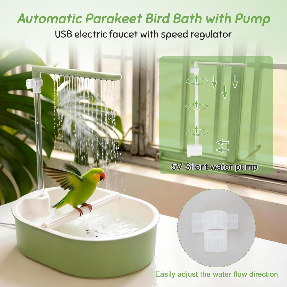 automatic parakeet bird bath, fountain birdbath with usb, side view