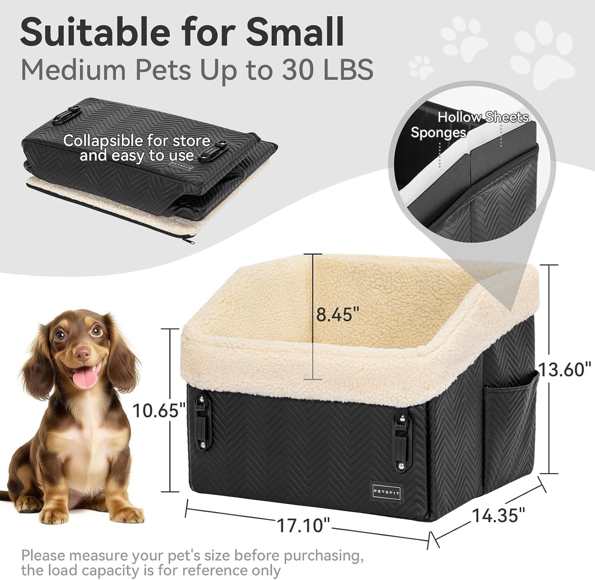 petsfit small dog car seat, waterproof pu leather showing dimensions