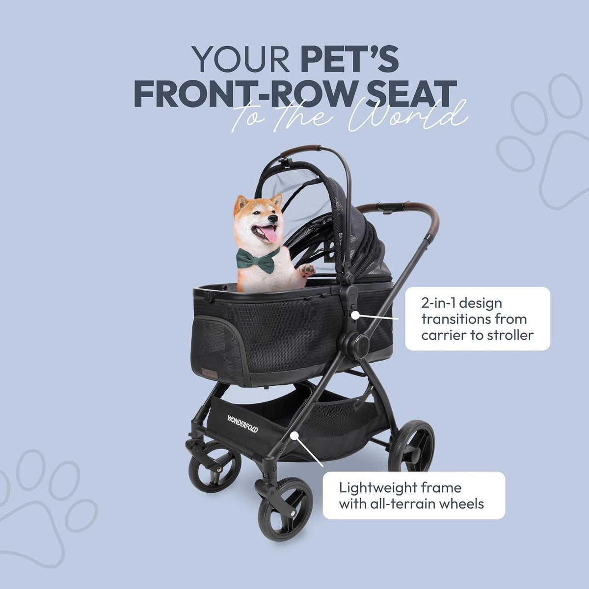 wonderfold buddy pet stroller for small and medium shown in use