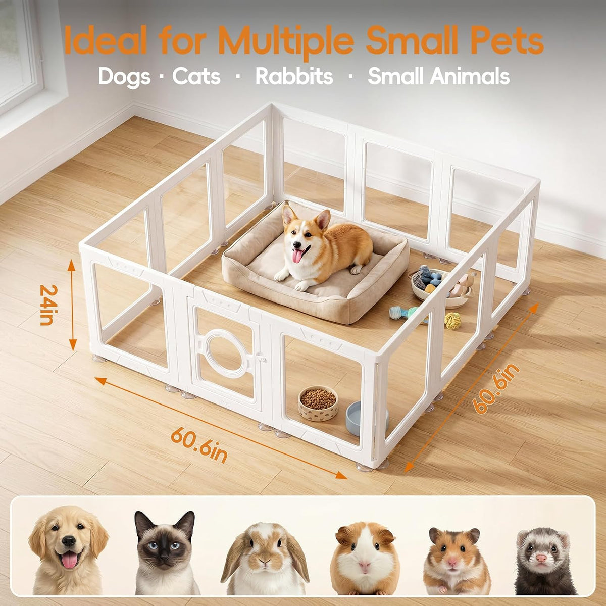 jeko&jeko clear acrylic dog playpen indoor, transparent pet shown in use