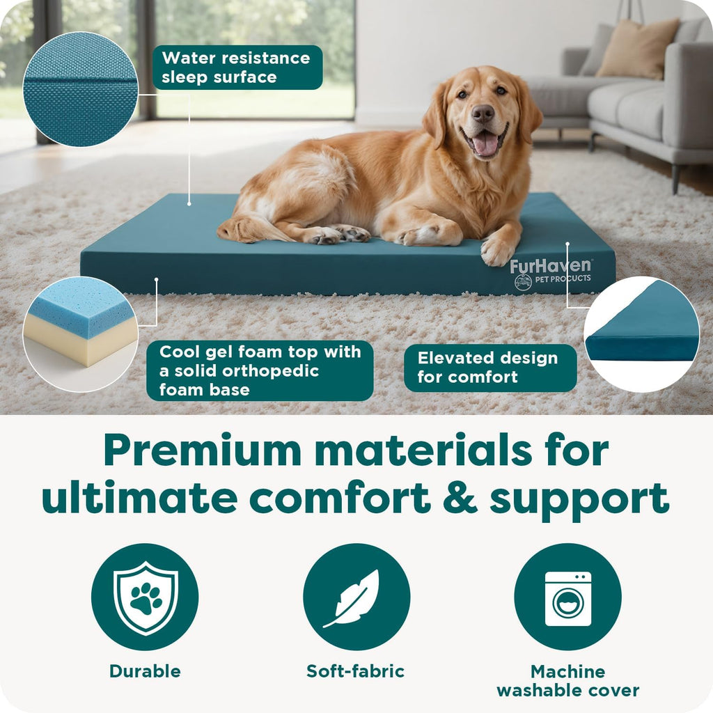 furhaven water-resistant orthopedic dog bed for medium dogs showing dimensions