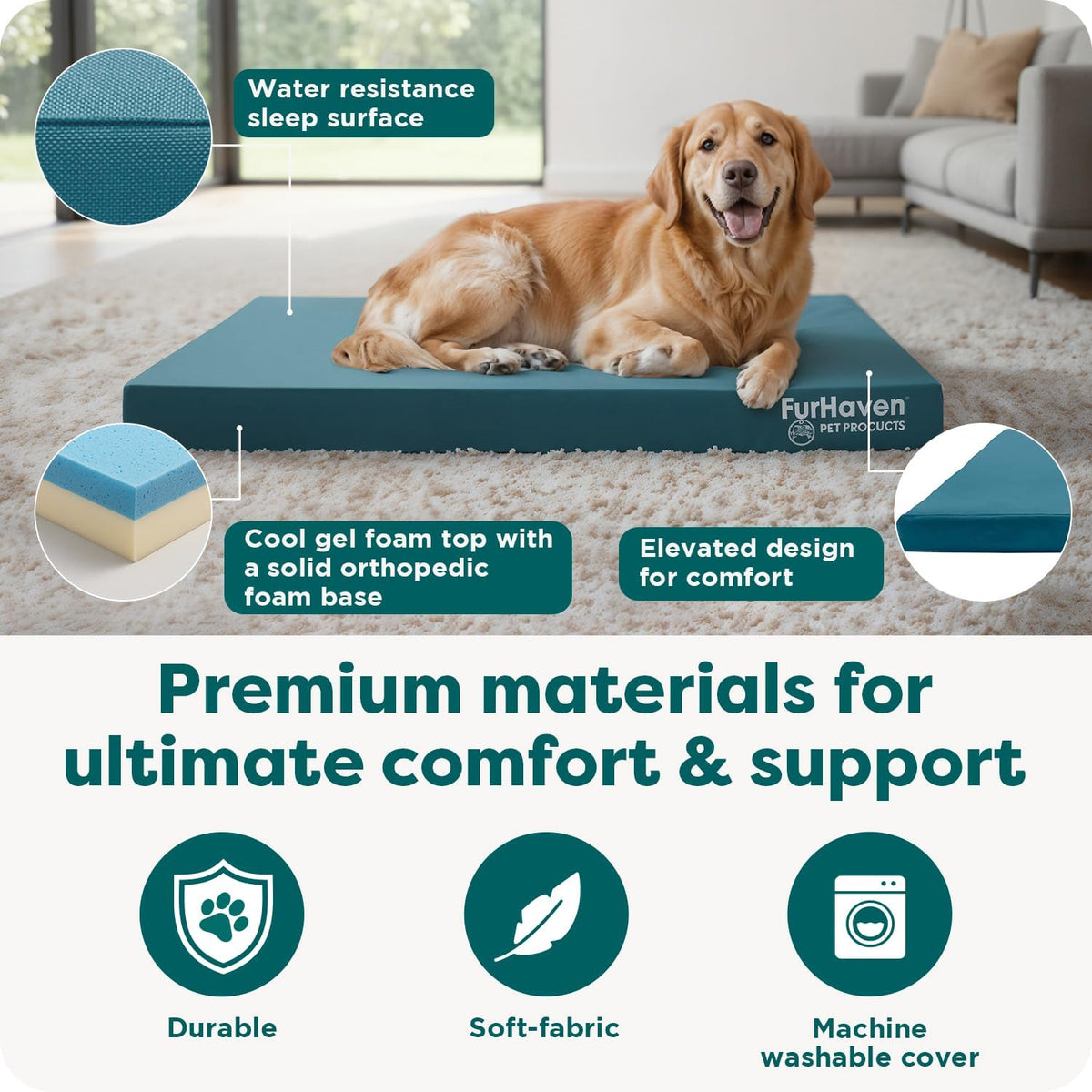 furhaven water-resistant orthopedic dog bed for medium dogs showing dimensions