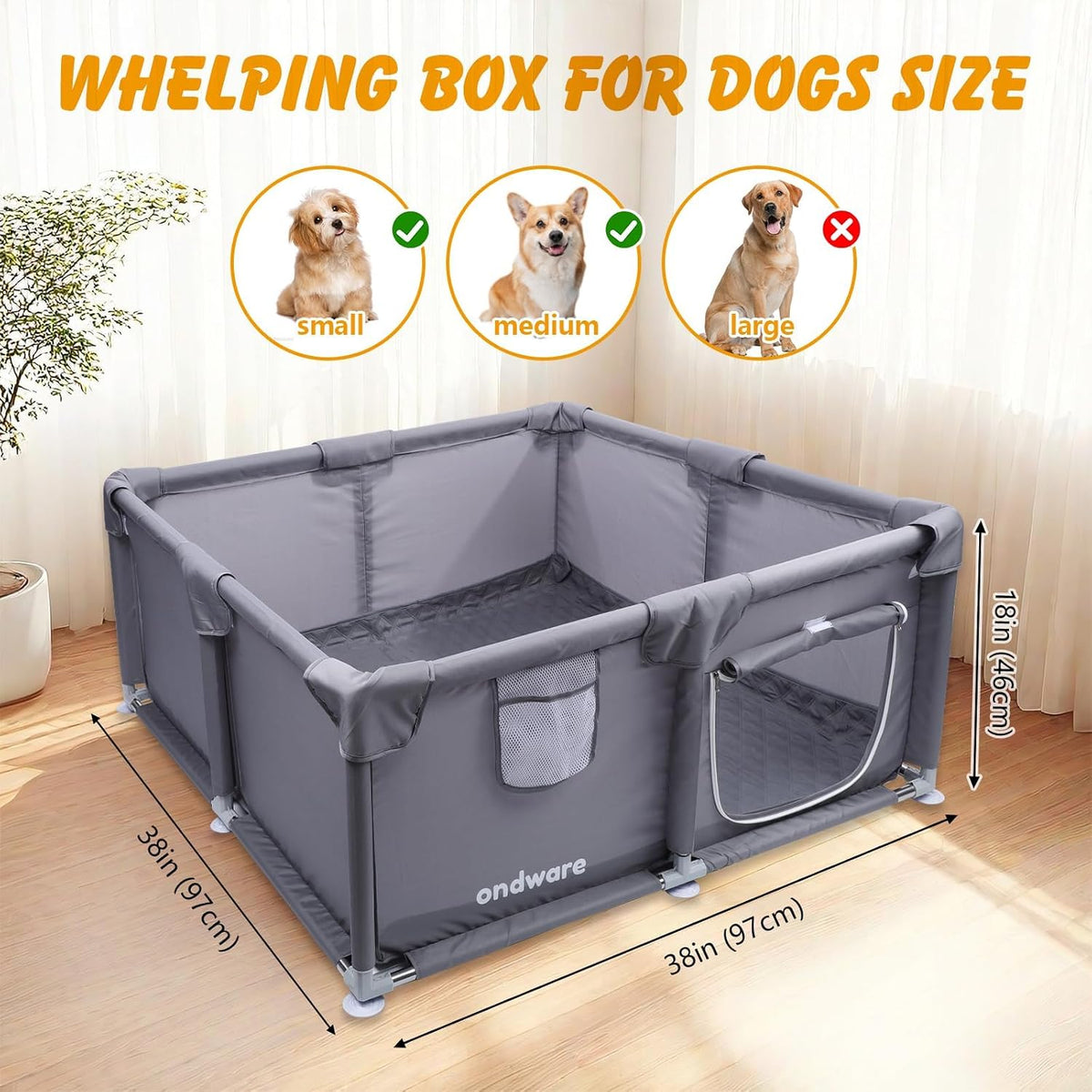 38 x 18 in dog whelping box with shown in use