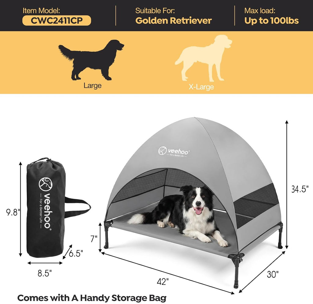 veehoo outdoor dog bed with canopy, cooling elevated, side view