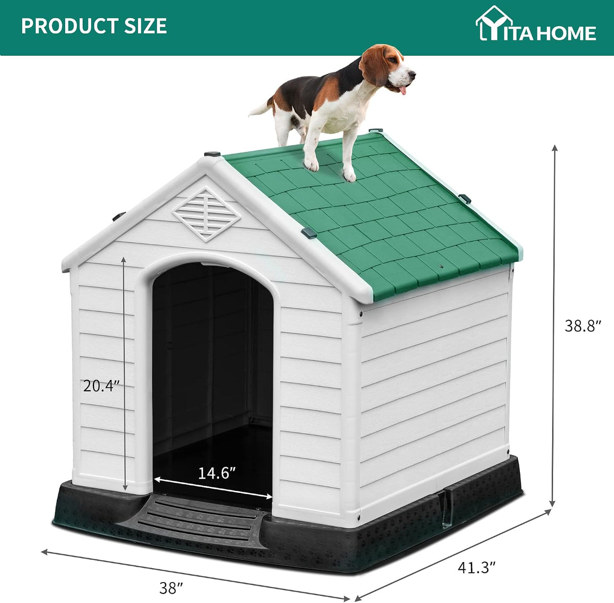 yitahome plastic dog house, waterproof indoor outdoor doghouse, front angle view