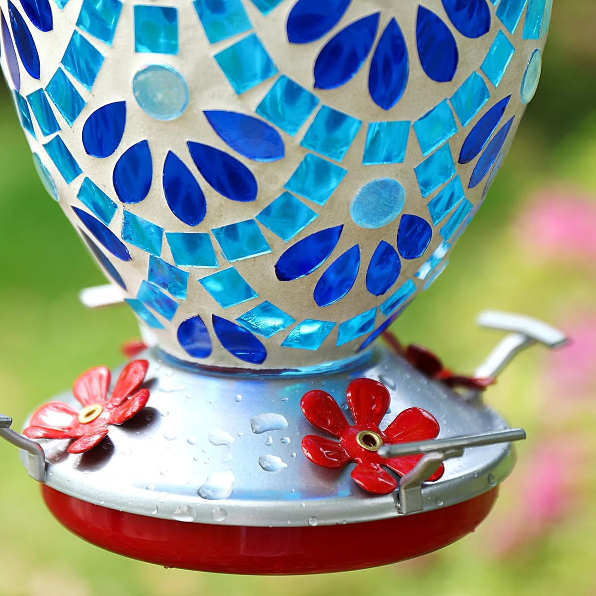 voreen glass mosaic hummingbird feeders, 34oz with ant, close-up detail