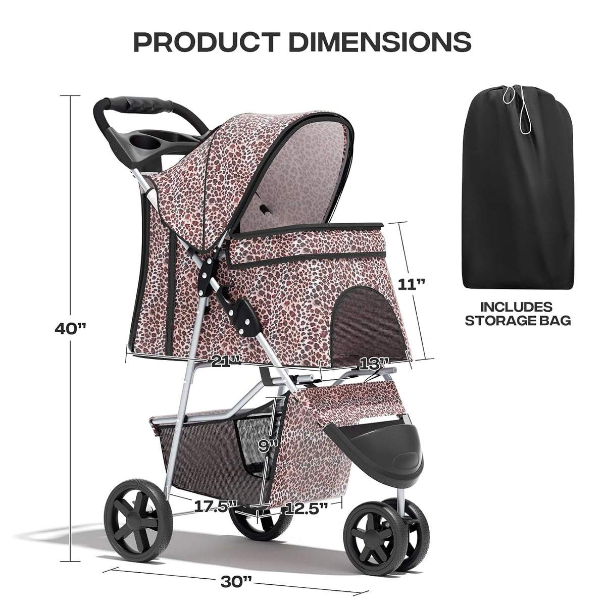 foldable 3-wheel pet stroller for dogs & cats showing dimensions