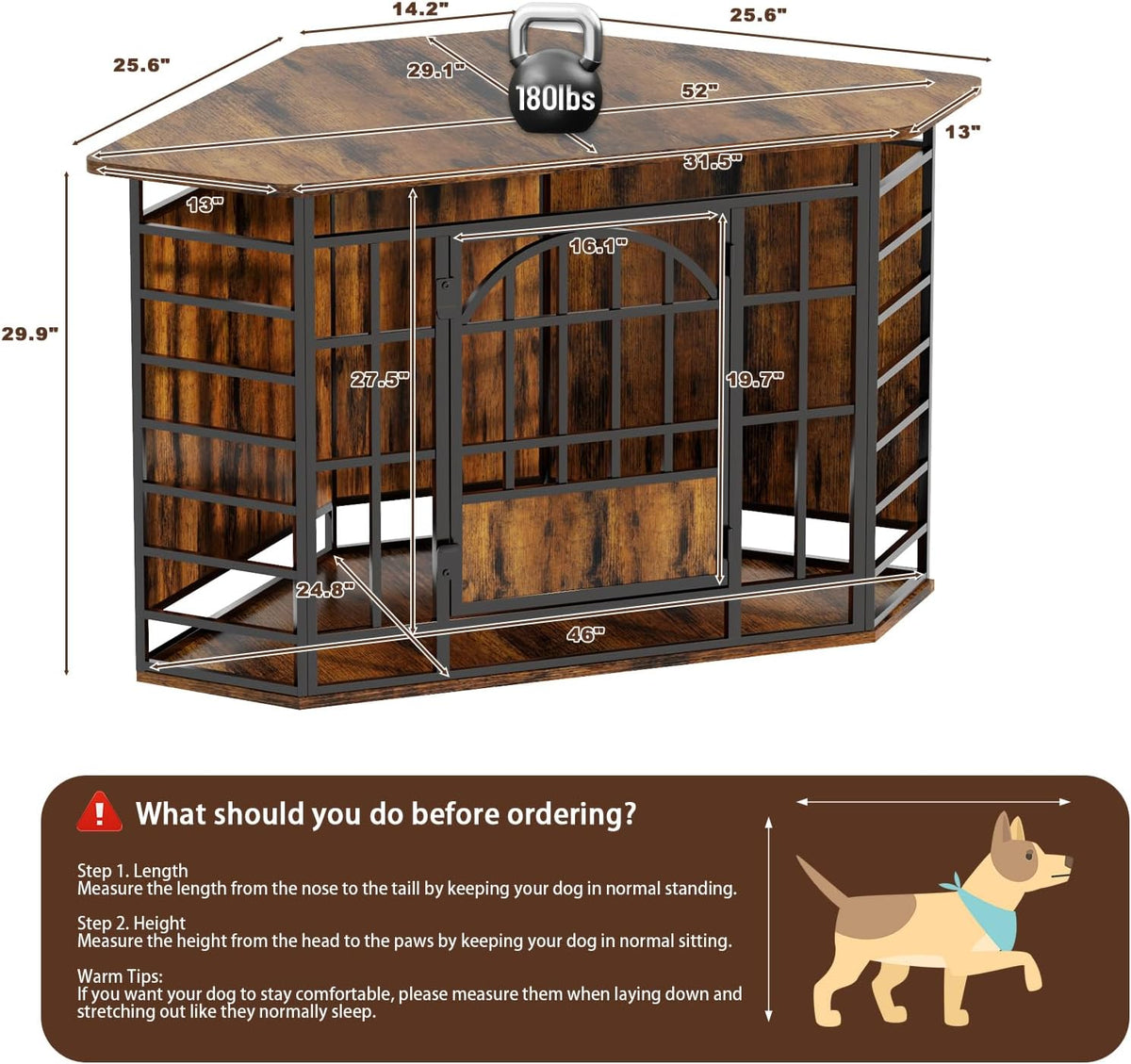 cozpaw 52" corner dog crate furniture, brown, side view