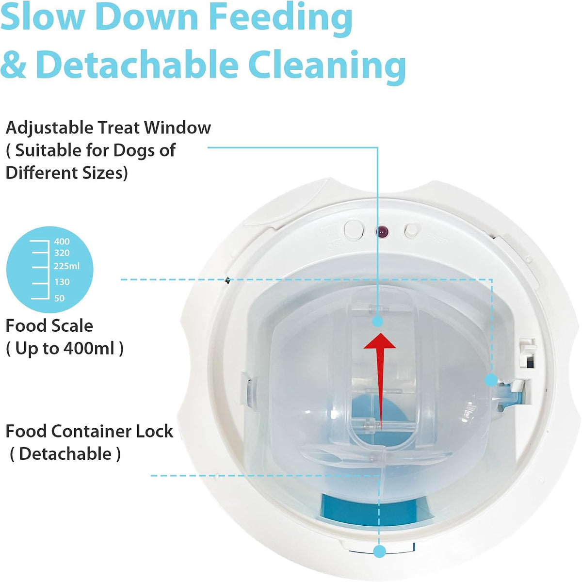 petgeek automatic dog feeder/treat dispenser with rechargeable button, close-up detail