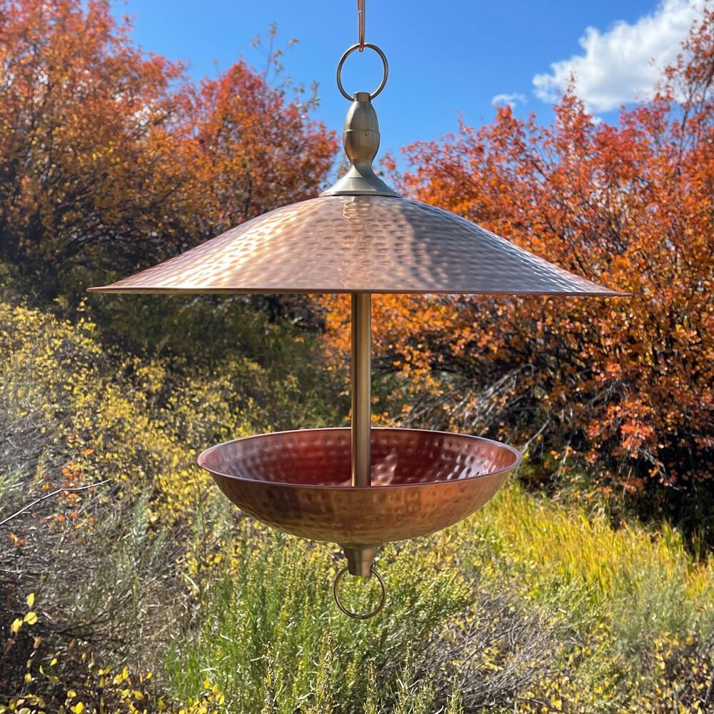 easy fill copper & brass bird feeder (large) shown in use