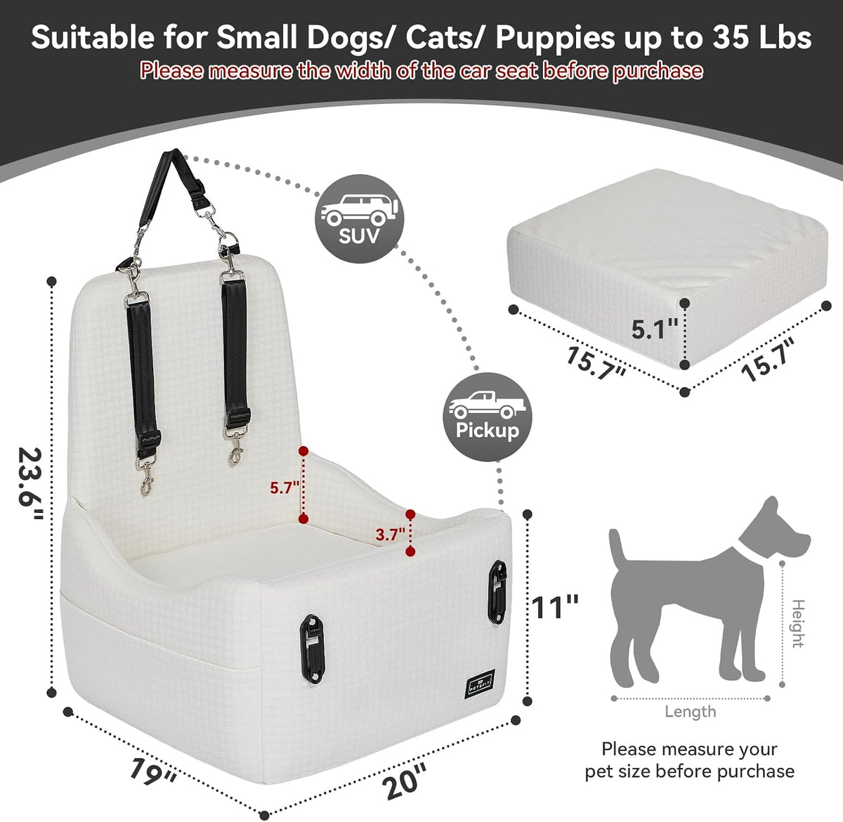petsfit pet car seat with patented safety system showing dimensions