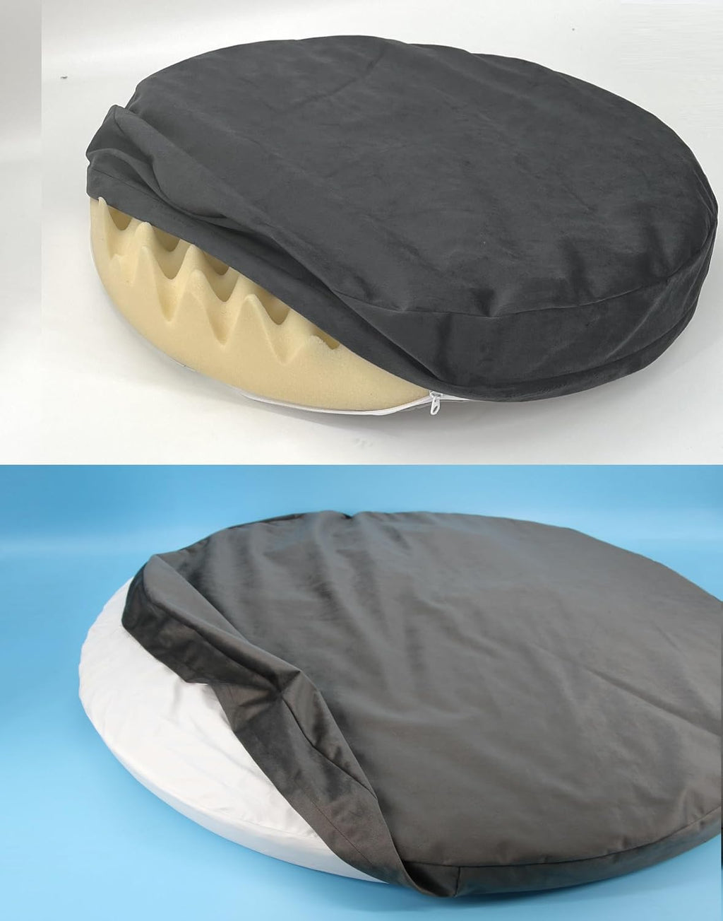 waterproof round dog bed orthopedic egg crate foam shown in use