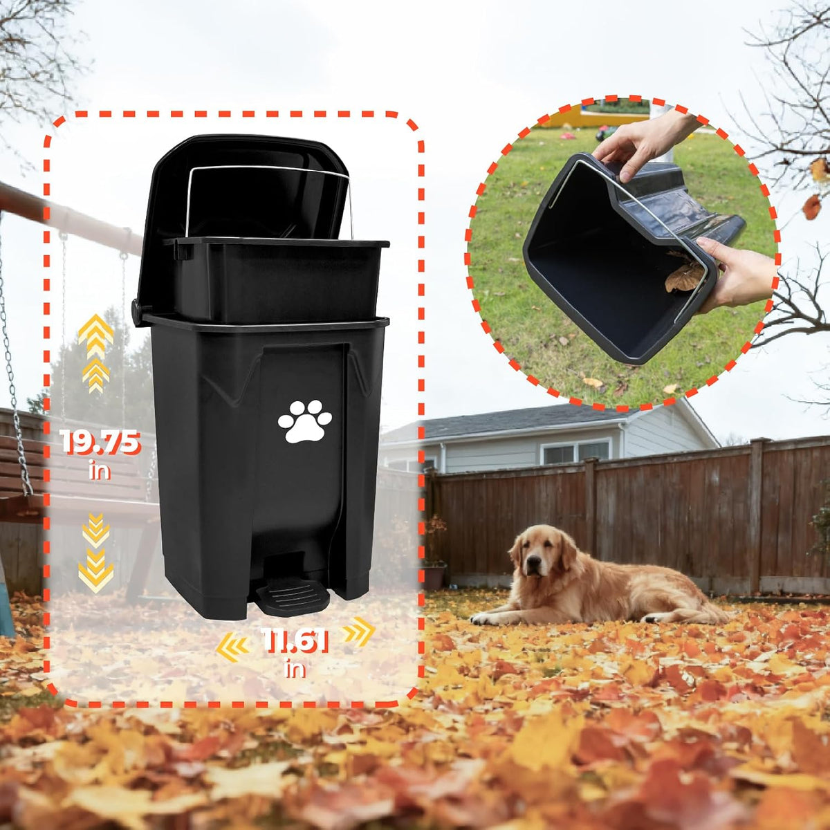 30l dog poop trash can outside, pet waste, side view