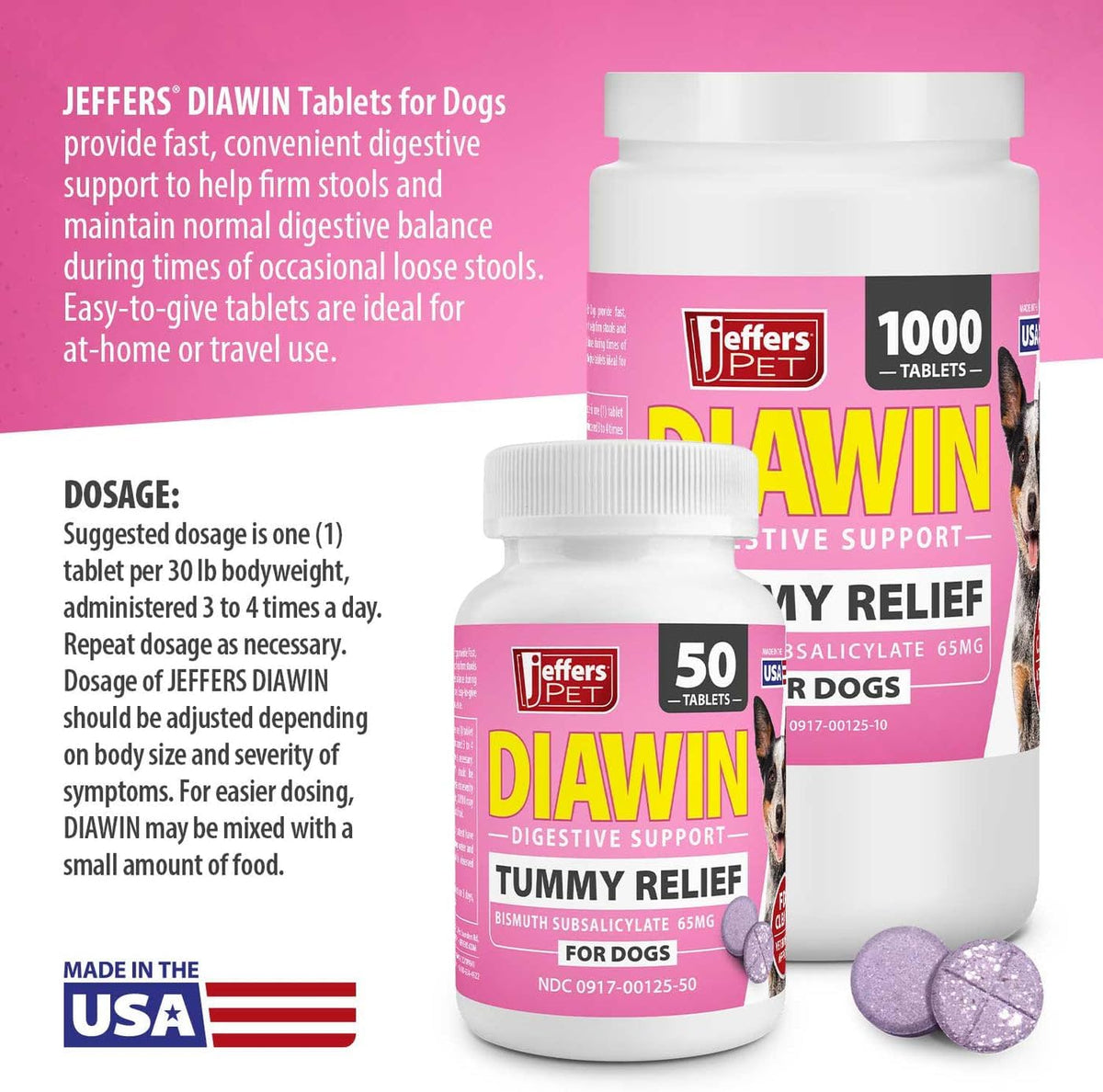 jeffers diawin digestive support tablets for dogs, beef, close-up detail