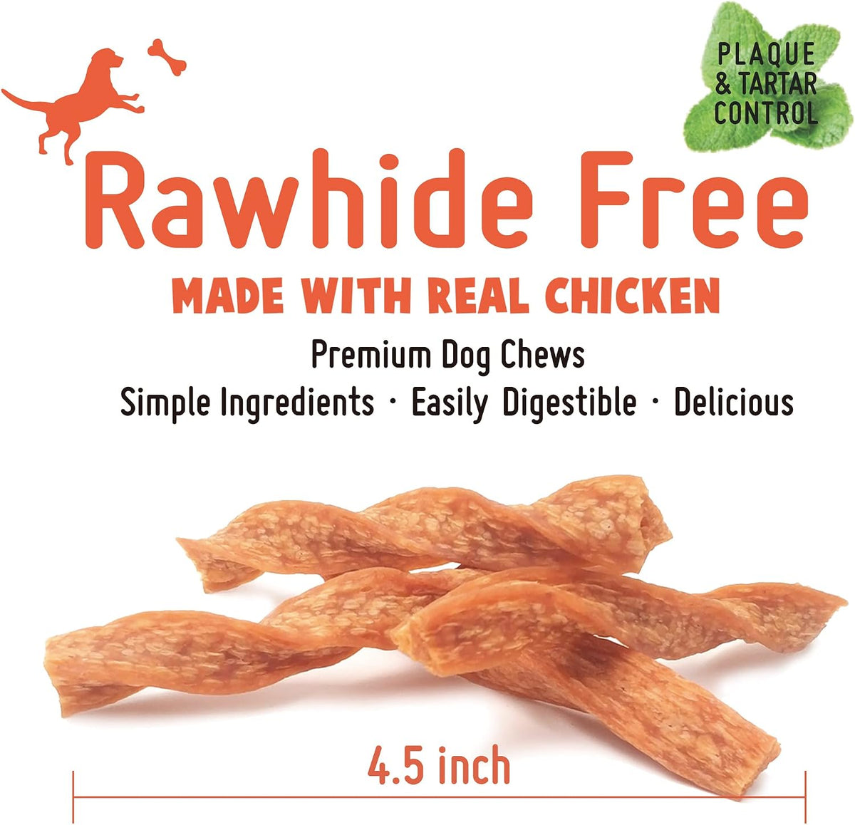luvchew chicken dog chew twist sticks, puffed human showing dimensions