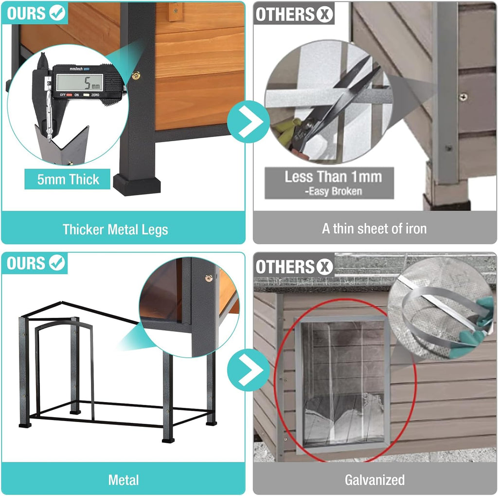 heated dog house for outdoor use with matel, side view