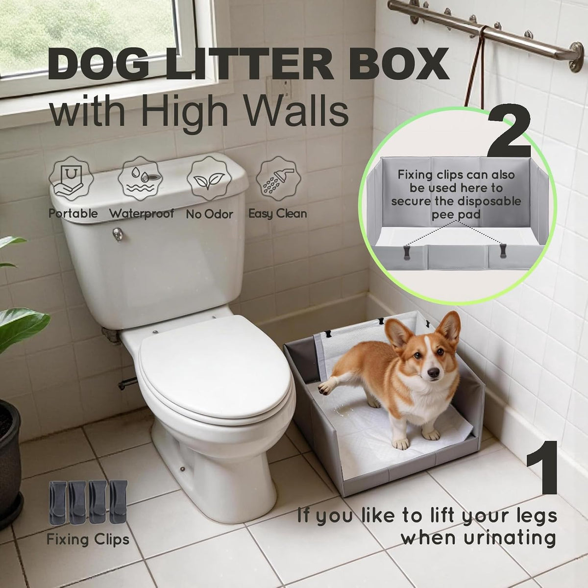 hq4us 4legs dog litter box indoor high walls shown in use