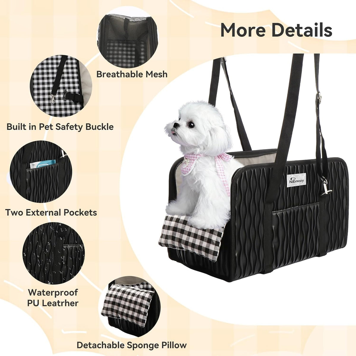 center console dog car seat, dog booster seat showing dimensions