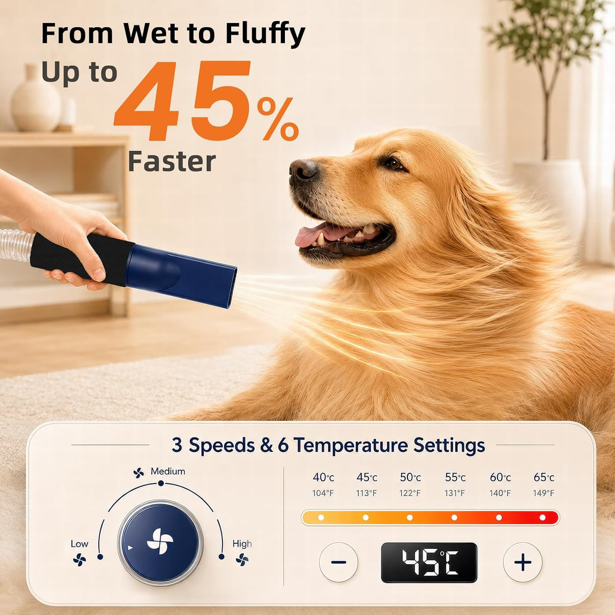 buenkee 2-in-1 dog grooming vacuum and dog blow, side view
