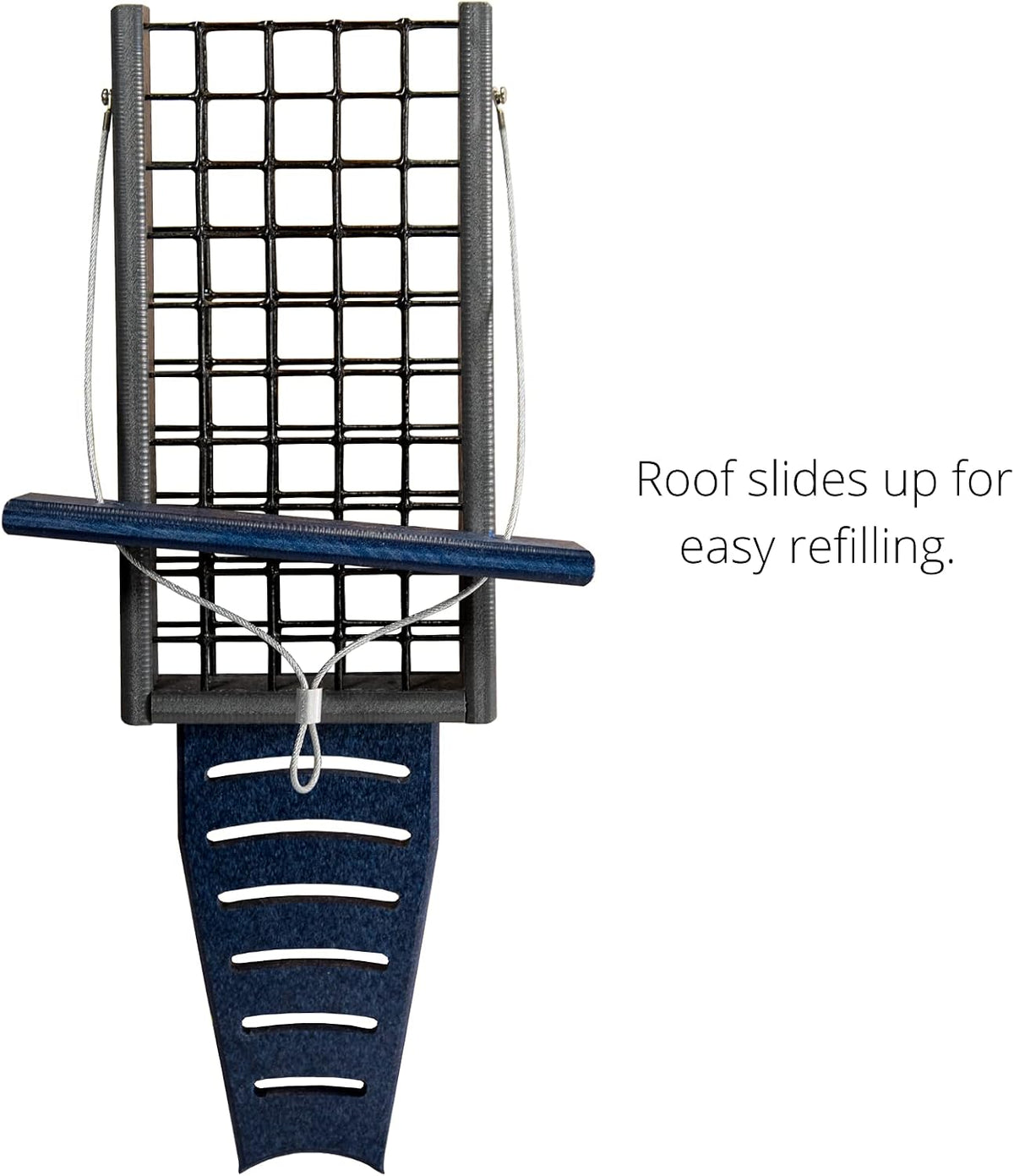 jcs wildlife blue/gray recycled double suet feeder tail, side view
