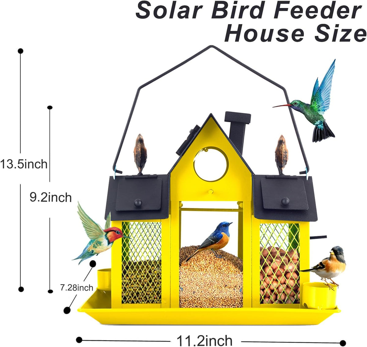 solar bird feeders house for outside hanging, metal shown in use