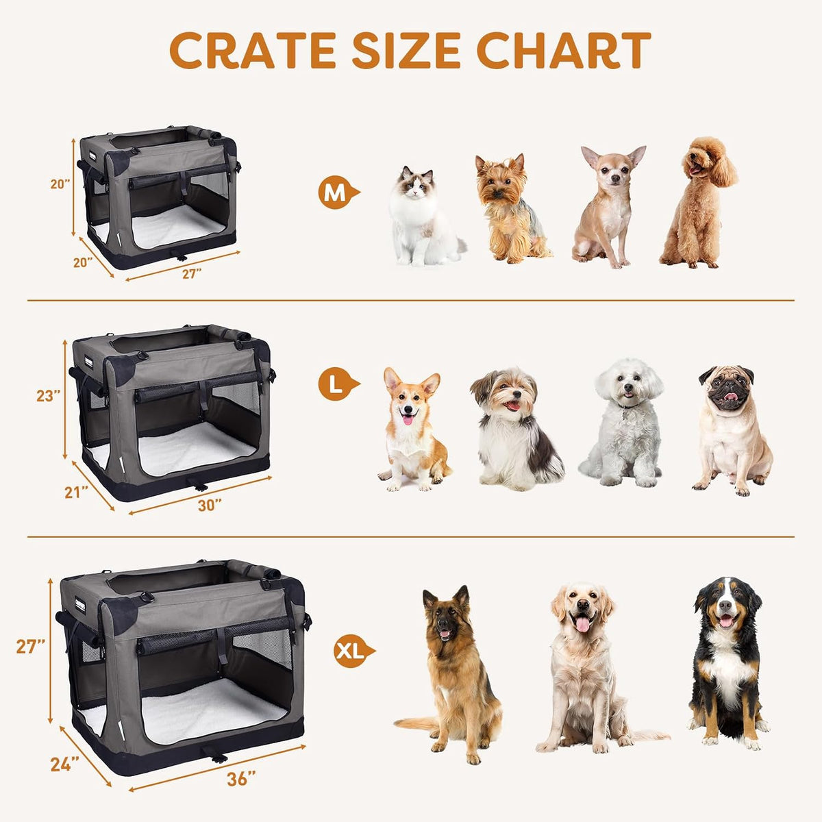 jespet 3 door soft dog crates kennel, collapsible showing dimensions