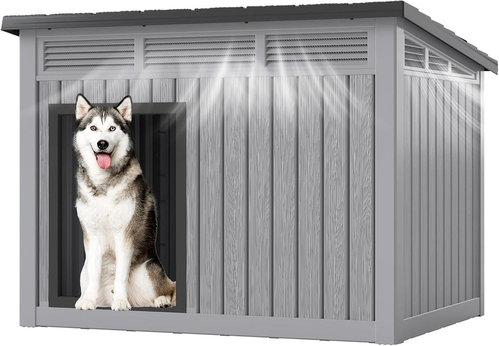 fancyango outdoor dog house for large dogs, outside shown in use