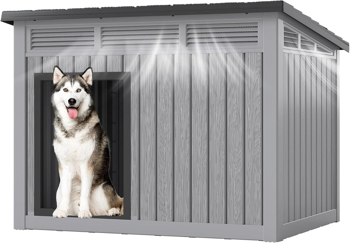 fancyango outdoor dog house for large dogs, outside shown in use