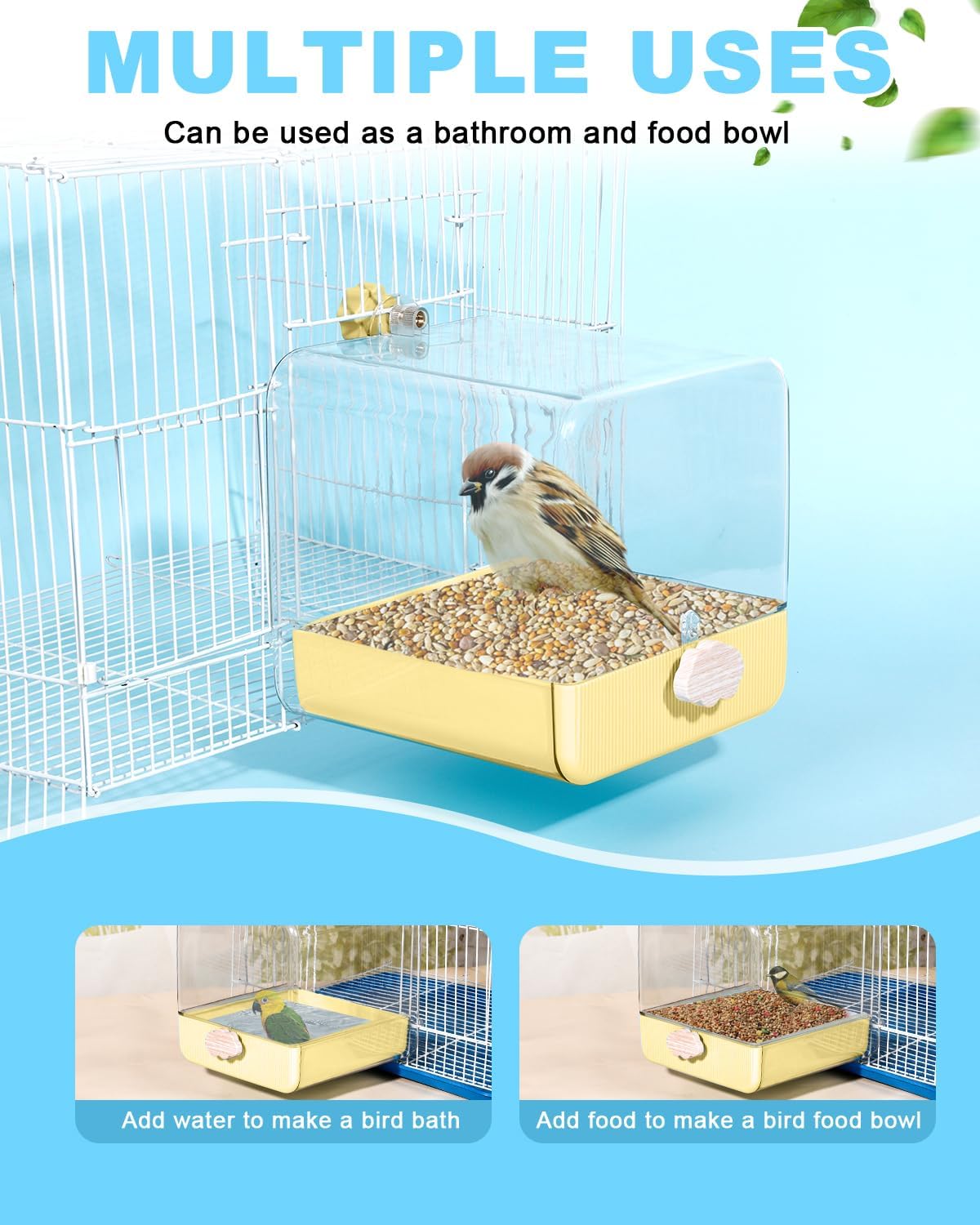hanging bird bath for cage, 3 in 1 showing dimensions