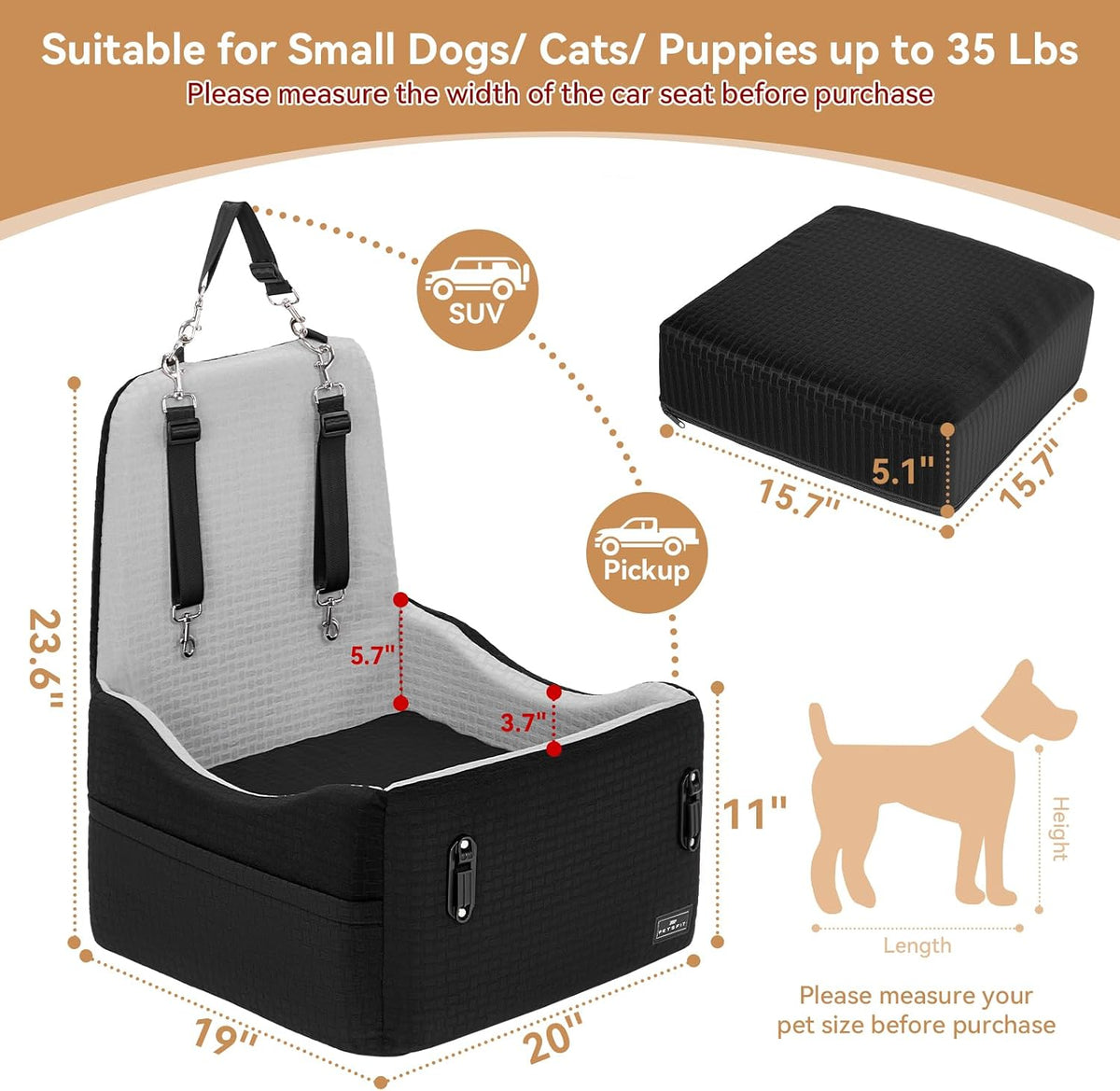petsfit dog car seat with patented safety system showing dimensions