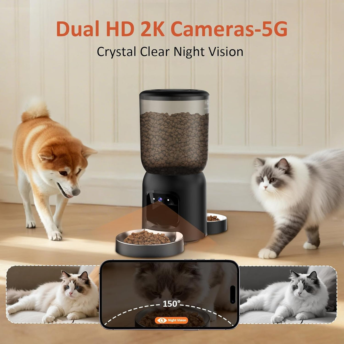 automatic cat feeder with two hd camera for shown in use