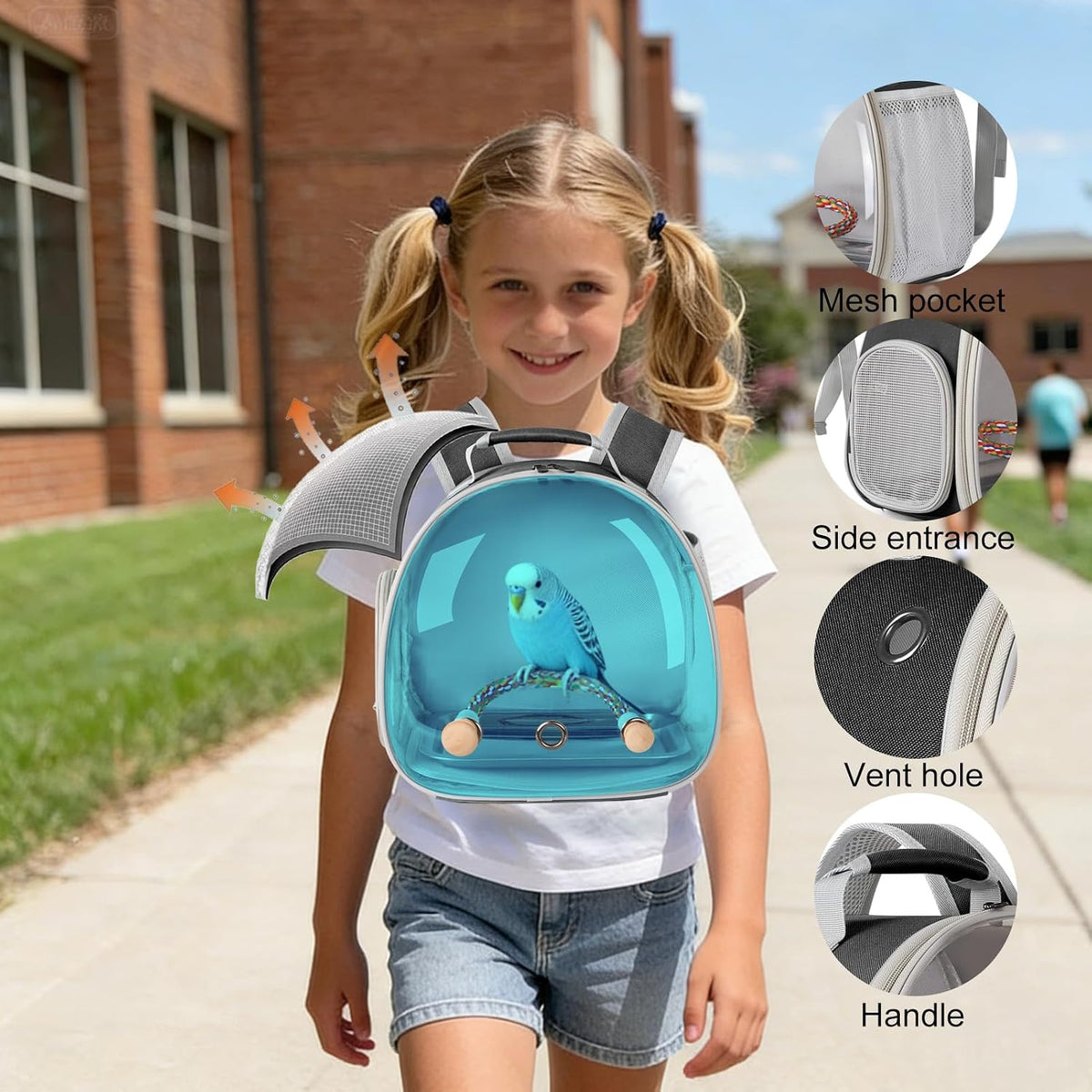 polarized tinted blue bubble small bird carrier travel, side view