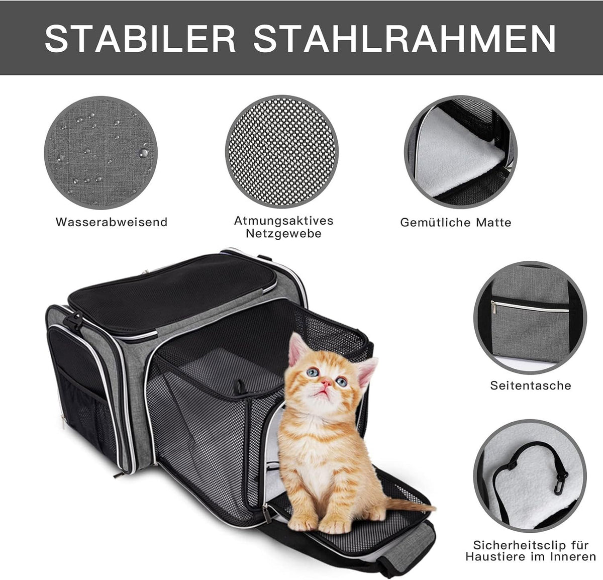 baglher expandable cat carrier with travel litter box, close-up detail
