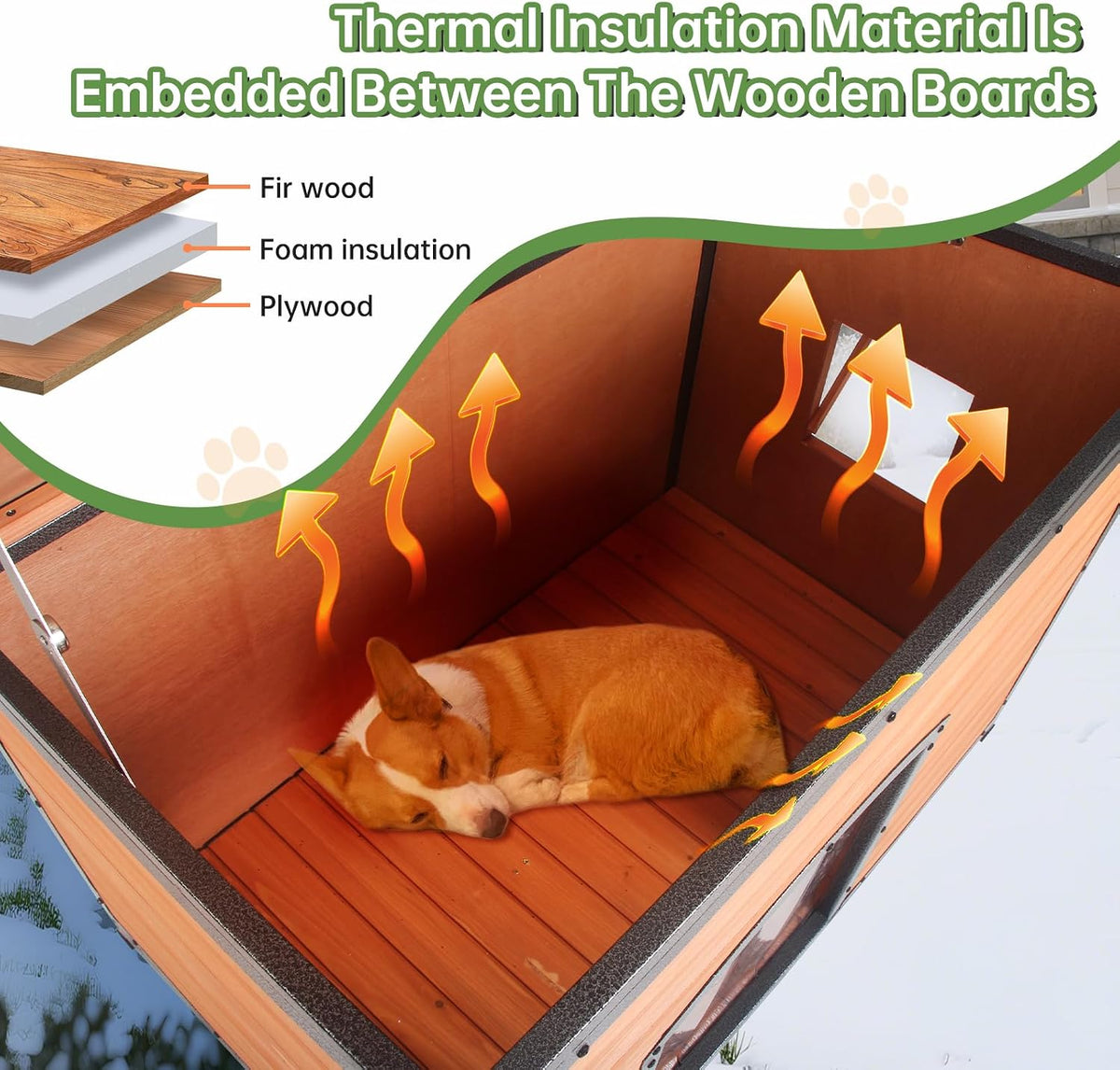 insulated outdoor wooden dog house, weatherproof chew resistant, close-up detail