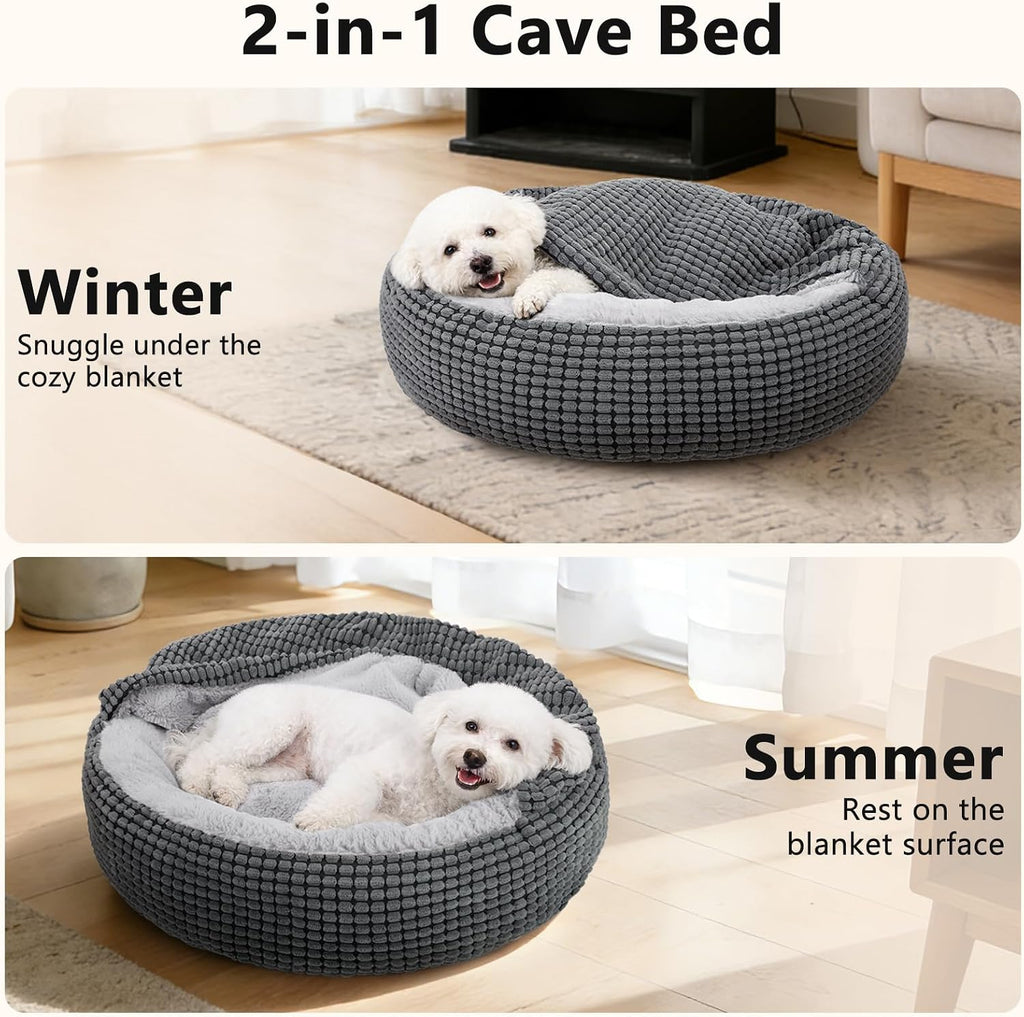 dog bed with attached blanket for small dogs shown in use