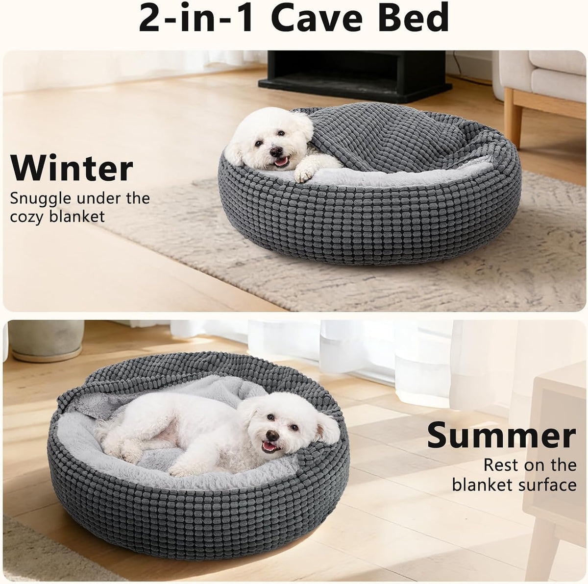 dog bed with attached blanket for small dogs shown in use