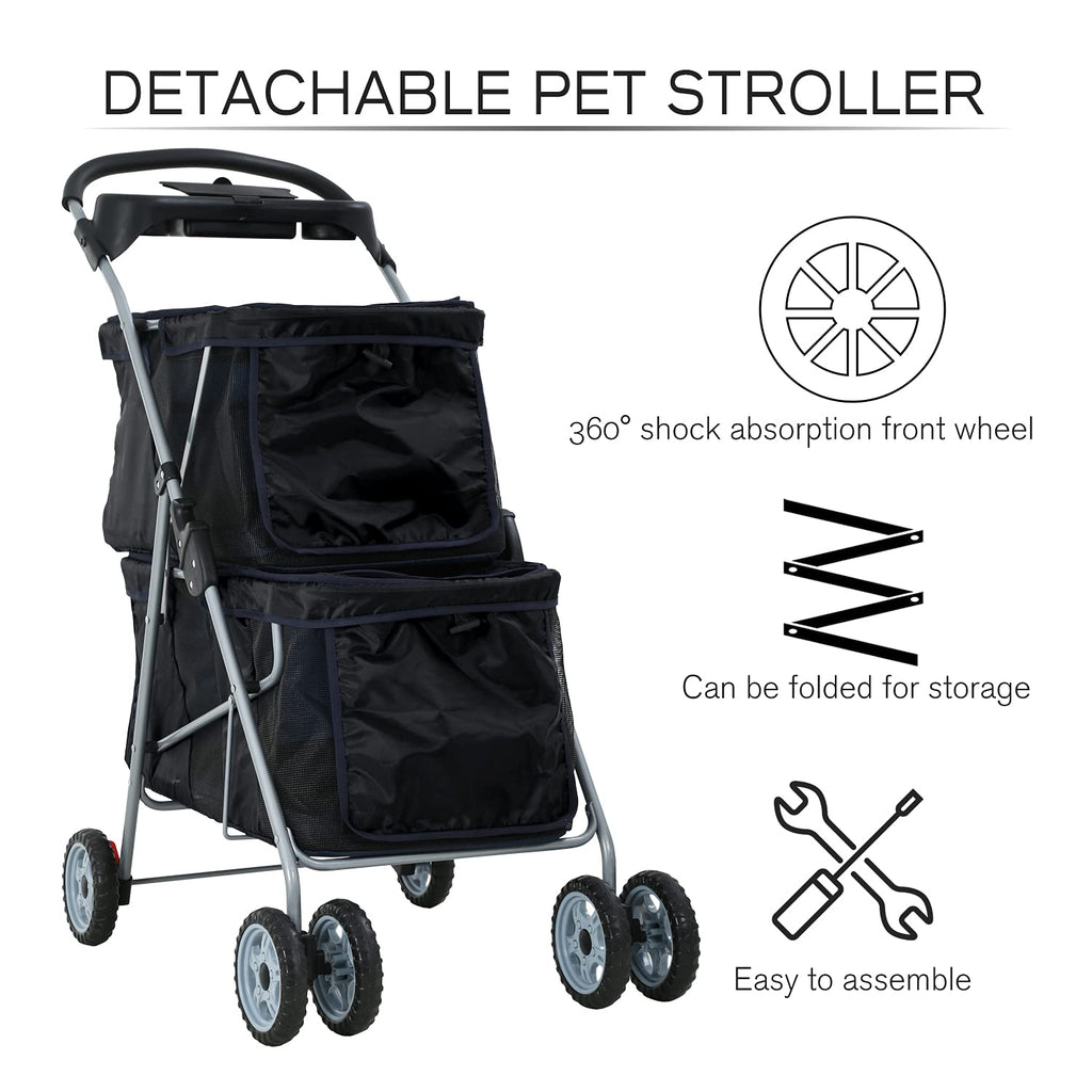 hcy double pet stroller for cats & dogs showing dimensions