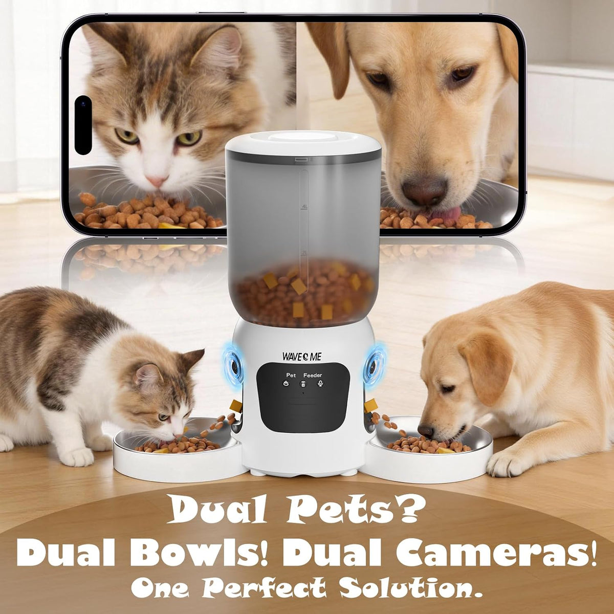 automatic cat feeder for 2 cats dual camera shown in use