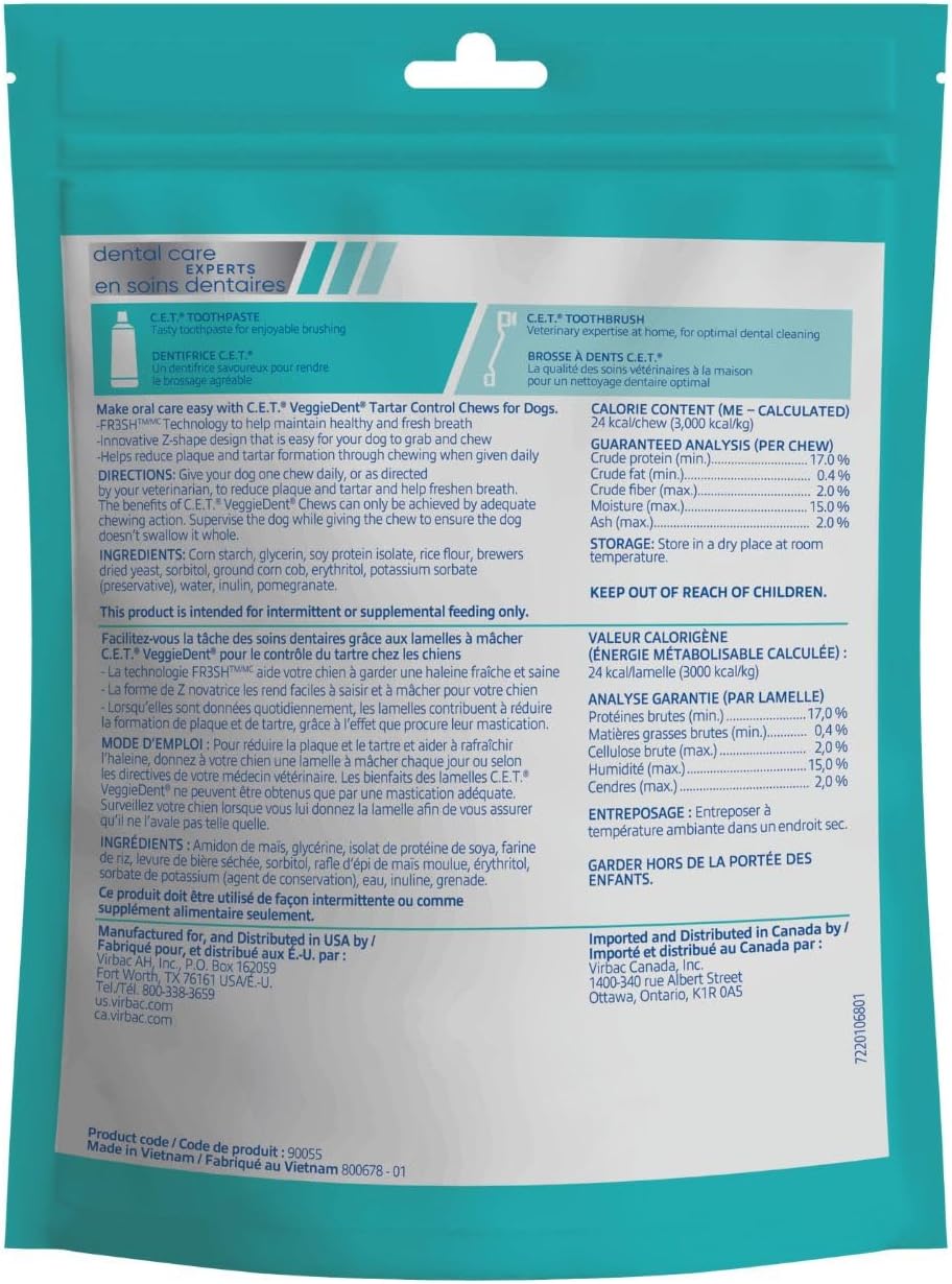 c.e.t. veggiedent fr3sh plaque and tartar control chews shown in use