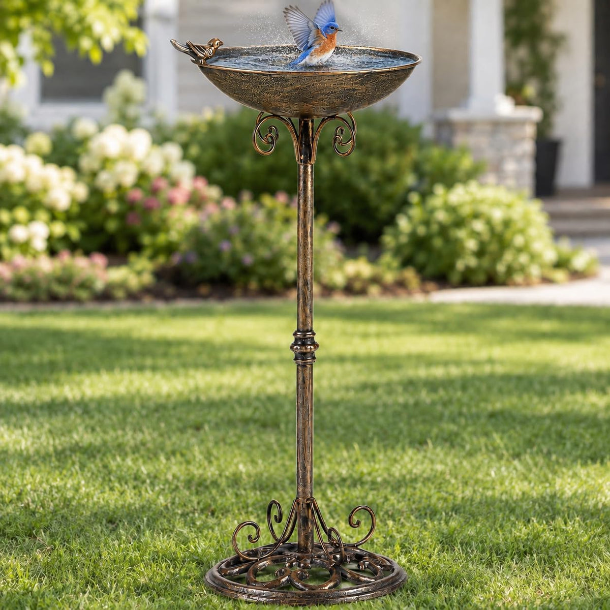 11.4" w*27.6" h cast iron pedestal bird bath, main product view