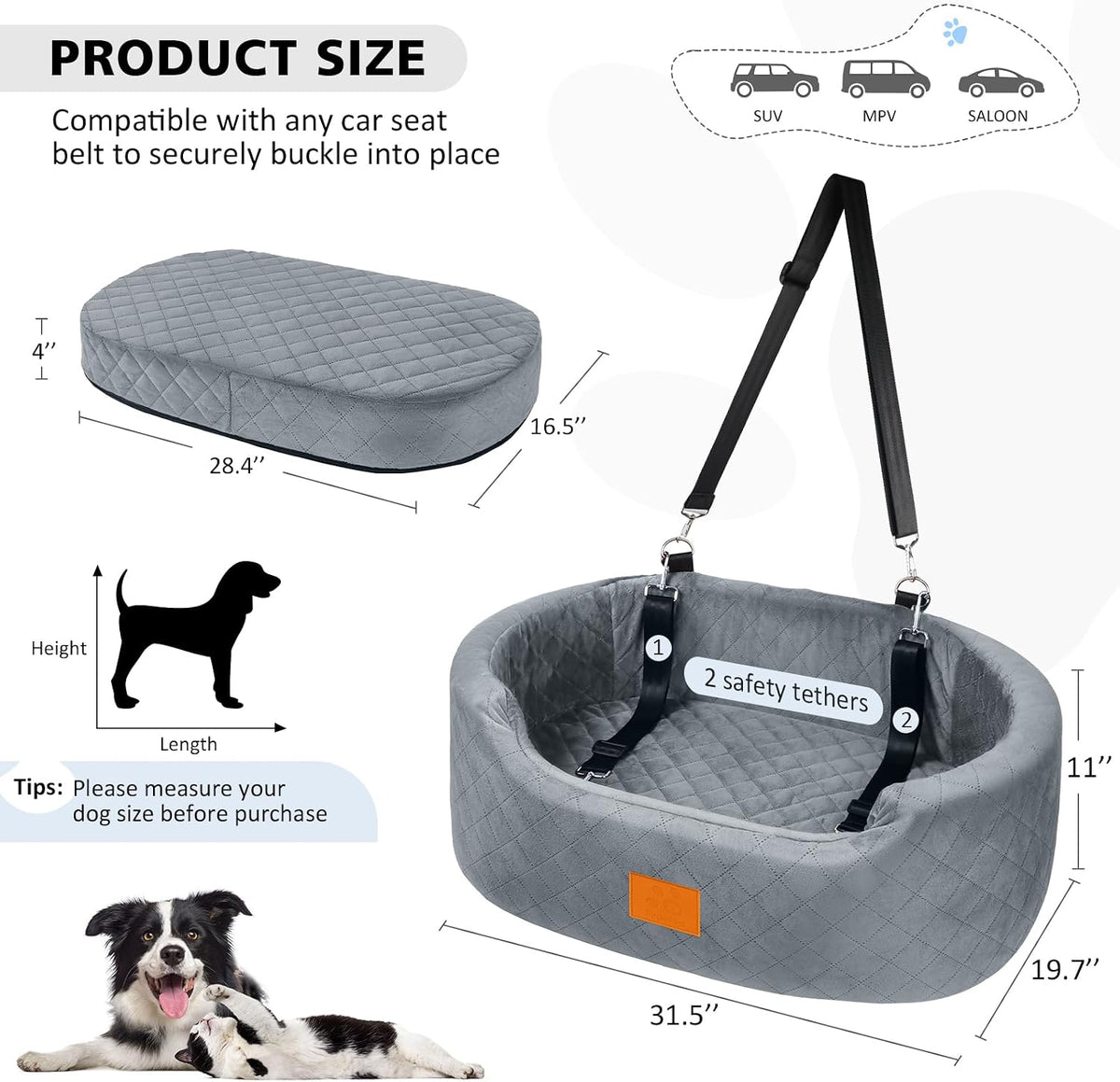 dog car seat for medium & large dogs, side view