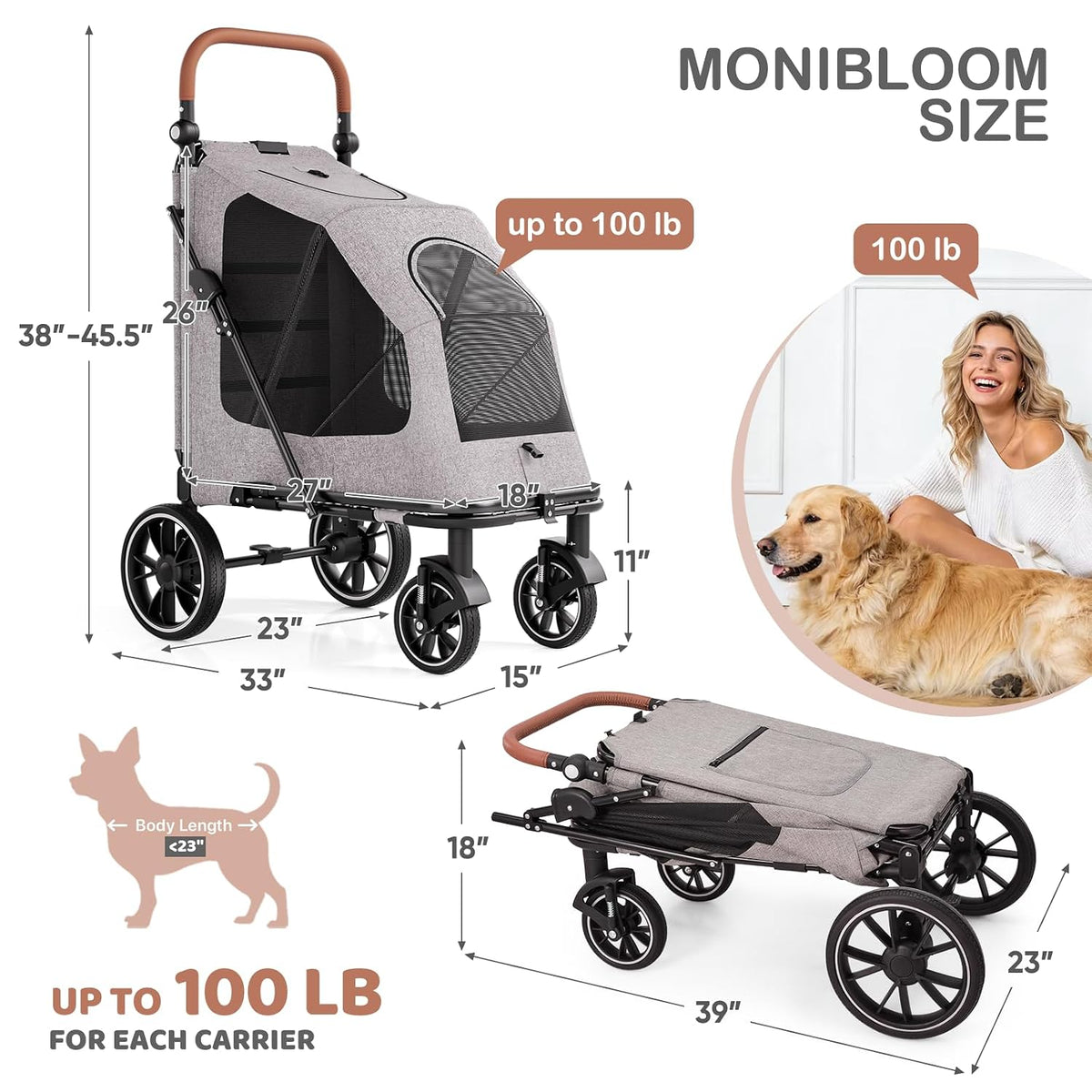 monibloom large pet stroller with anti-slip ramp, for shown in use