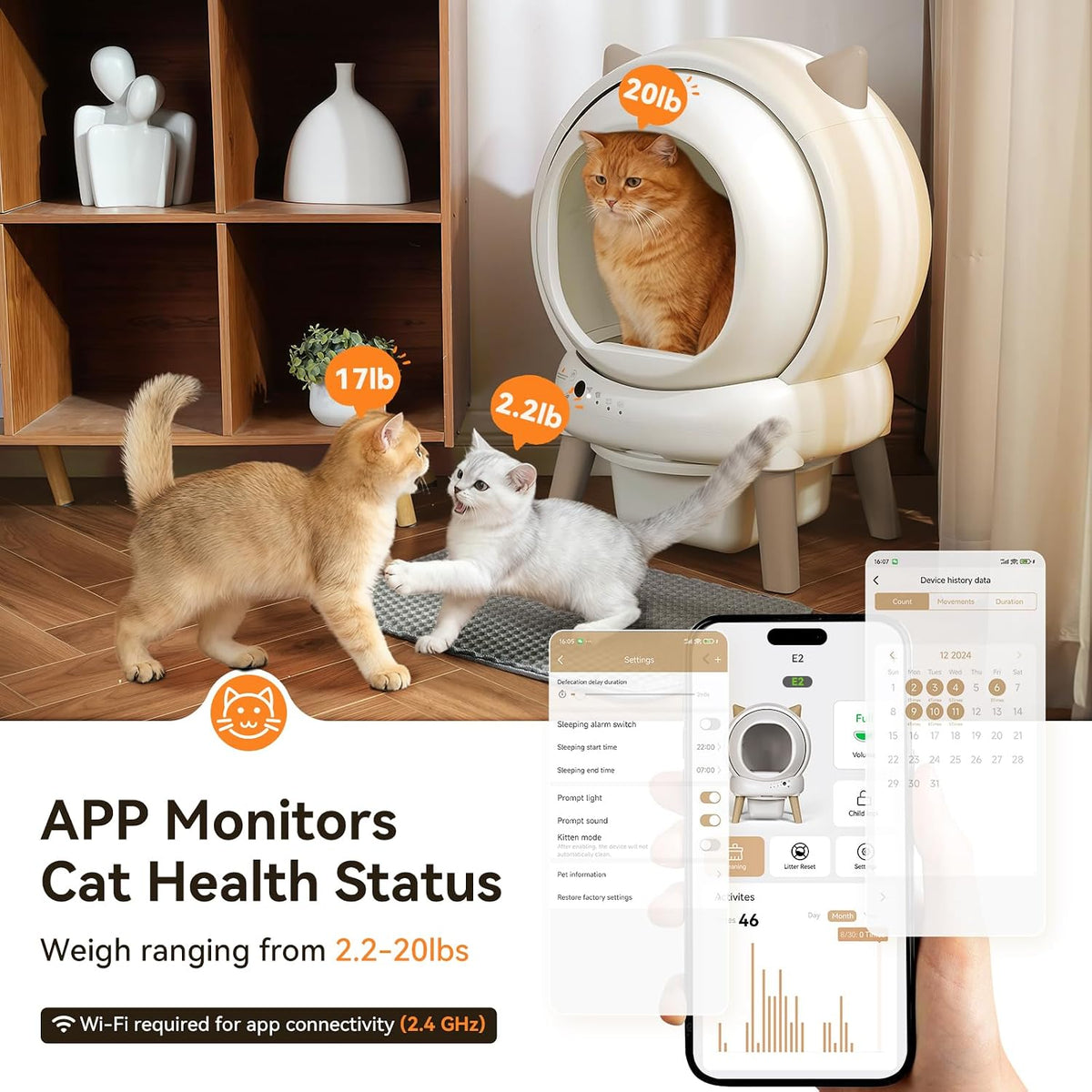 e2 automatic cat litter box smart self cleaning, side view