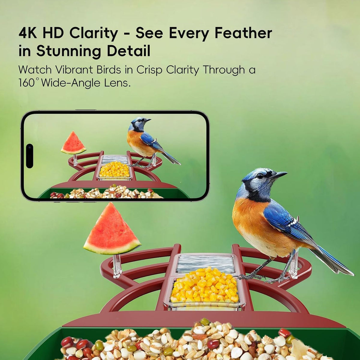 smart bird feeder with camera, solar panel & shown in use