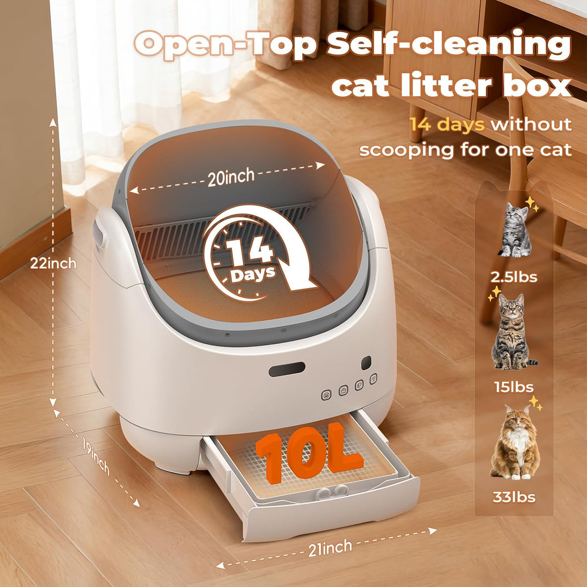 self cleaning litter box lager 100l open top, close-up detail