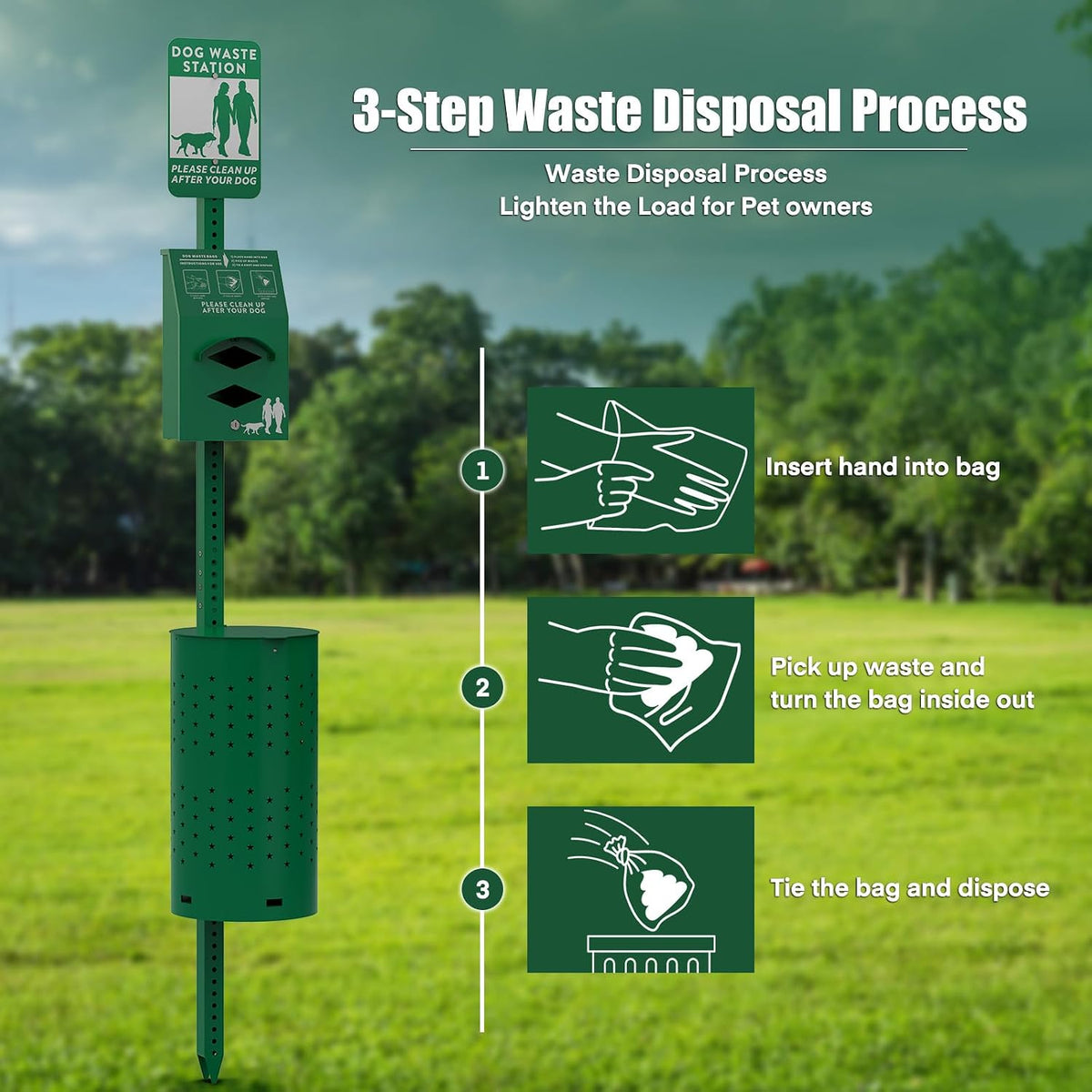 dog waste station - durable dog poop trash, side view